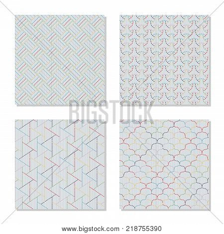 Four Asian embroidery motifs. Japanese sashiko ornaments. Series. Abstract Seamless patterns. Simple textures. Colorful stitches on the white background. For pattern fills, handicraft for decoration.