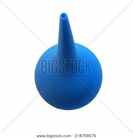 Medical device. Rubber pear. The color is blue. Soft. The background is white isolated. Medicine. Pouring.