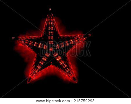 Star. Five rays. Color fiery red. Red reflection. Black background. Lights red. Evil colors. The picture is on.