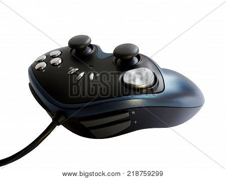 Game joystick. Game console. Game control panel. A lot of shiny buttons. Color black with blue. The background is white isolated. Comfortable handles.