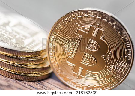 Bitcoin Btc Concept. Golden Bitcoin Coins As Symbol Of Electronic Virtual Money
