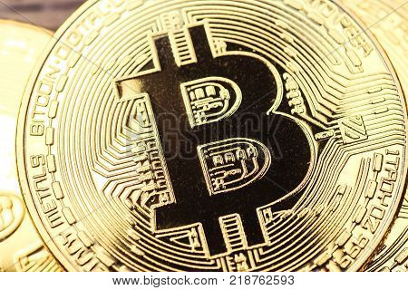 Bitcoin Btc Concept. Golden Bitcoin Coins As Symbol Of Electronic Virtual Money