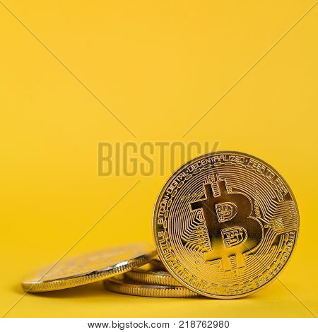 Bitcoin Btc Concept. Golden Bitcoin Coins As Symbol Of Electronic Virtual Money