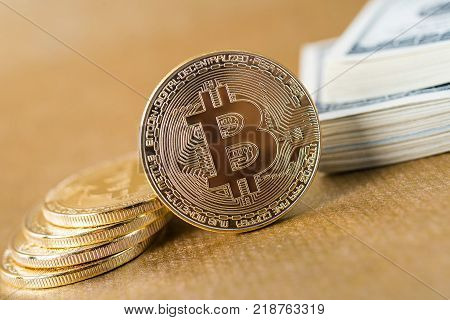 Bitcoin Btc Concept. Golden Bitcoin Coins As Symbol Of Electronic Virtual Money