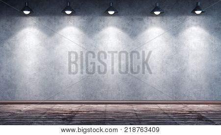 Interior room with dirty concrete cement wall wooden floor and plinth. Underground showroom with five hanging metal lamps. 3d rendering illustration