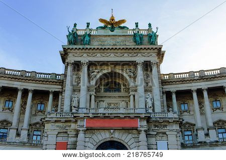 Facade of Hofburg Palace view from Heldenplatz square Vienna Austria.