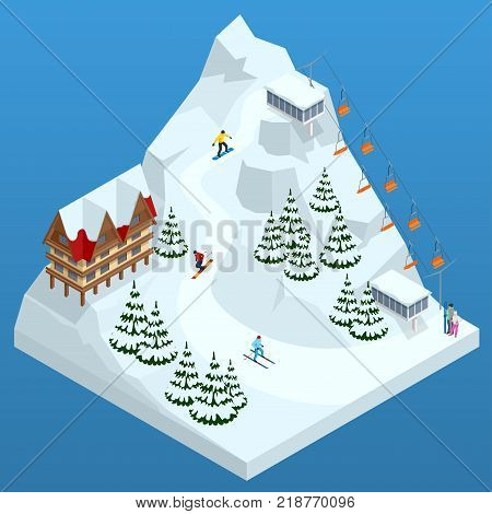 Ski resort, slope, people on the ski lift, skiers on the piste among white snow pine trees and hotel. Winter holiday web banner design. Vector isometric illustration