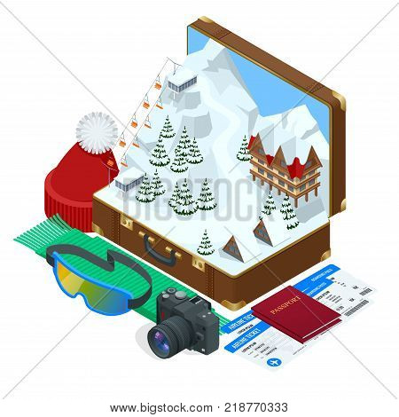 Ski resort, slope, people on the ski lift, skiers on the piste among white snow pine trees and hotel. Winter holiday web banner design. Vector isometric illustration