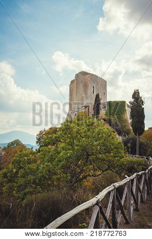 Countryside Rocca d'Orcia and Fortress of Tentennano on the hill. Siena province, Tuscany, Italy