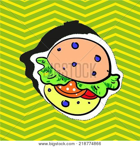 Fashion patch badge pin stocker with burger pop art style illustration vector