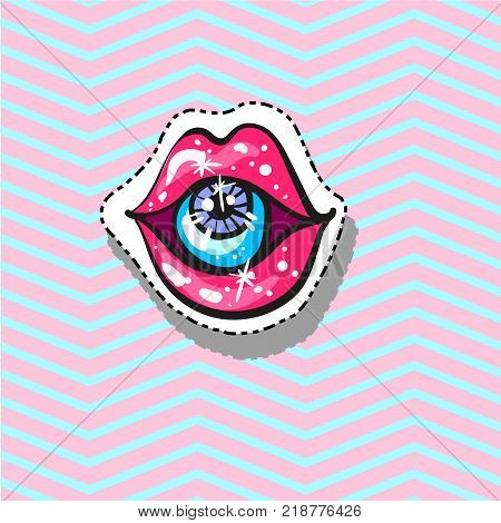 Lips with eye inside Fashion patch badge pin stocker pop art style illustration vector