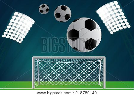 Soccer goal with flying balls and light masts