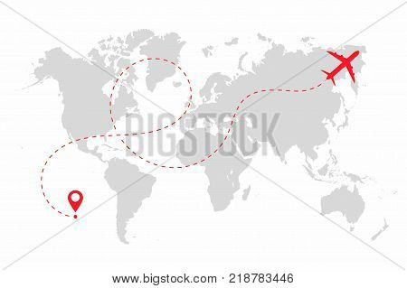 Airplane path in dotted line shape on world map. Route of plane with world map isolated on white background. Vector