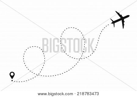Airplane path in dotted line shape. Route of plane isolated on white background. Vector