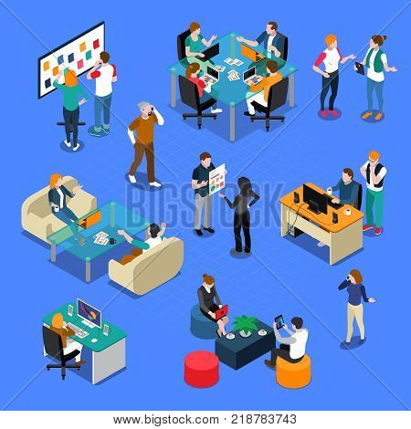 Coworking isometric set with people in workplace, during talking or creative process, interior elements isolated vector illustration