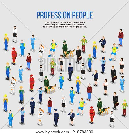 People background isometric composition of isolated human characters representing various occupations with shadows and editable text vector illustration