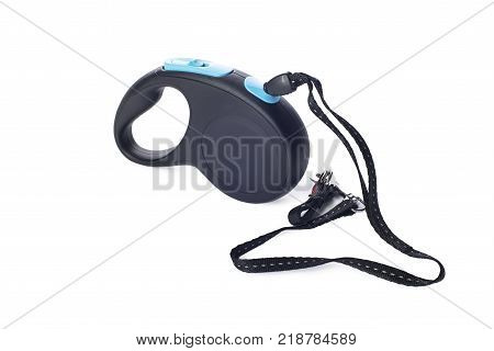 Automatic leash for dog on white background with shadows roulette type pets shop assortment products