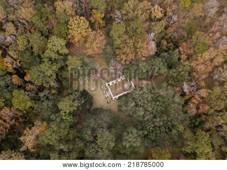 Aerial view of Old Sheldon Church ruin and surrounding forest in South Carolina, USA