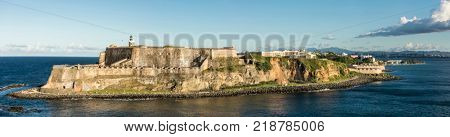 Wide panorama of the El Morro Fortress in San Juan, Puerto Rico.