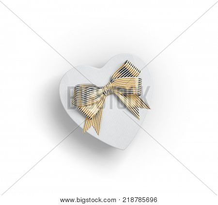 Heart shaped gift box with golden bow isolated on white. Top view. 3D render