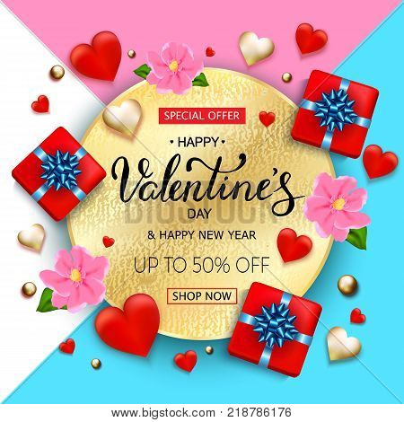 Valentines day sale background with hearts, flowers, gift box and hand lettering. Wallpaper, flyers, invitation, posters, brochure, banners. Vector illustration