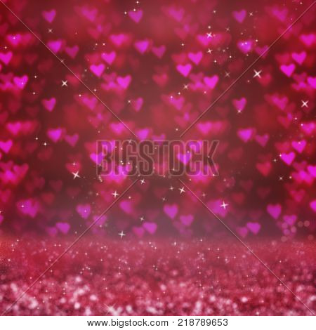 Abstract blurred background with red hearts bokeh. The concept of Valentine's Day