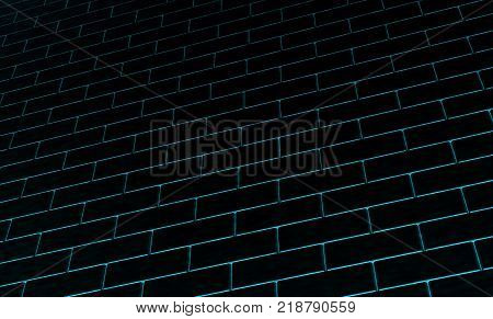 Black brick wall with blue light. 3d rendering