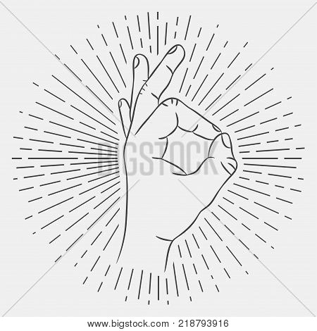 OK hand sign. Okay gesture. Hand-drawing illustration with hipster sunburst. Vector.
