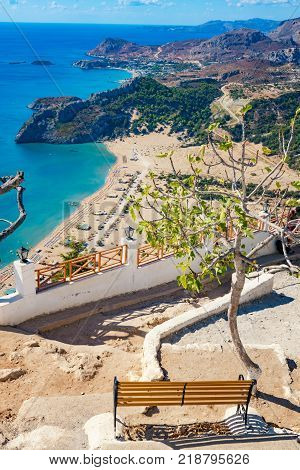 Tsambika beach with golden sand - view from Tsambika monastery (RHODES GREECE)