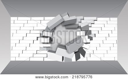 EPS10.Destruction of a Brick Wall. 3D Breaking Brick Wall. Wall Being Smashed or Breaking Apart. Destruction Abstract Background.