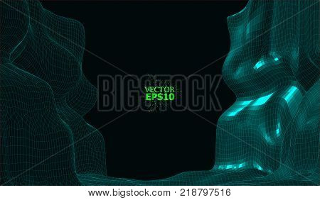 eps10. Abstract vector wireframe landscape background. Cyberspace grid. 3D wire frame surrounding. 3d technology wireframe vector illustration. Digital landscape for presentations . Polygonal surface.