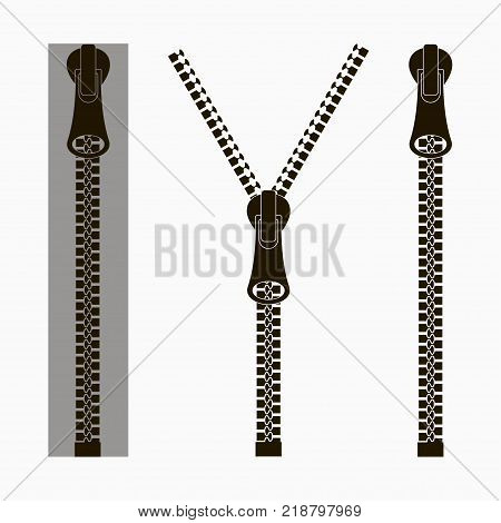 Zippers. Set of closed and open zip with fastener. Clasp for clothes. Vector illustration.