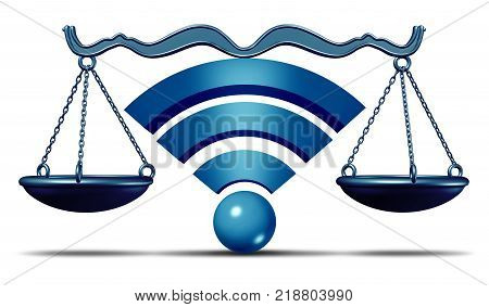 Net neutrality symbol or open internet wifi icon as a justice scale with text as an online metaphor for standards in access to digital online content with 3D illustration.