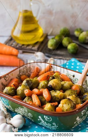 Useful and dietary dinner of caramelized brussels cabbage and carrots