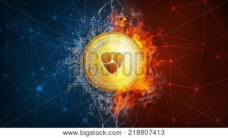 Golden ethereum coin in fire flame, water splashes and lightning. Ethereum blockchain hard fork concept. Cryptocurrency symbol in storm with peer to peer network polygon background.