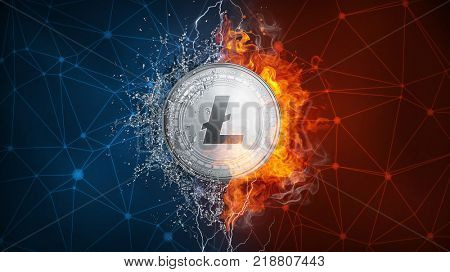 Golden ethereum coin in fire flame, water splashes and lightning. Ethereum blockchain hard fork concept. Cryptocurrency symbol in storm with peer to peer network polygon background.