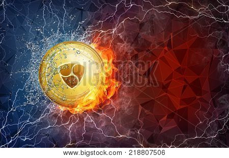 Golden ethereum coin in fire flame, water splashes and lightning. Ethereum blockchain hard fork concept. Cryptocurrency symbol in storm with peer to peer network polygon background.