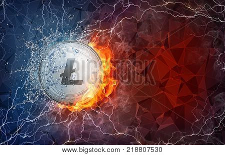 Golden ethereum coin in fire flame, water splashes and lightning. Ethereum blockchain hard fork concept. Cryptocurrency symbol in storm with peer to peer network polygon background.