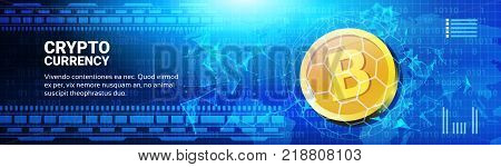 Golden Bitcoin On World Map Horizontal Banner Web Money Networking Technology Crypto Currency Concept Vector Illustration