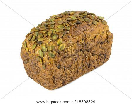 Freshly baked bread from wheat flour with sunflower seeds, pumpkin, sesame isolated on a white background. Baking for a healthy diet.