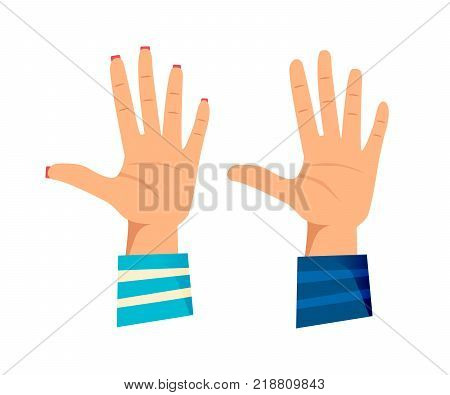 Men's and women s hands with gestures. Giving high five for great work. Friendship, symbol of great work achievement. Welcome signs, man, woman, control symbol, order. Vector illustration