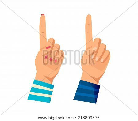 Men's and women s hands with gestures. Concept of gestures and signals: a sign of attention, thinking, warning, greeting, clever idea. Signals man's, woman s hands. Vector illustration