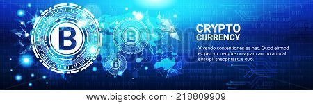 Crypto Currency Concept Bitcoin Sign On Blue World Map Modern Web Money Technology Horizontal Banner Vector Illustration