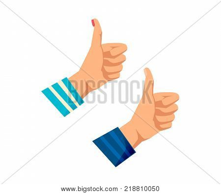 Men's and women s hands with gestures. Human hand, action and sign class, are all right, good, peace, world. Complete control, success, good standing. Signals man, woman. Vector illustration