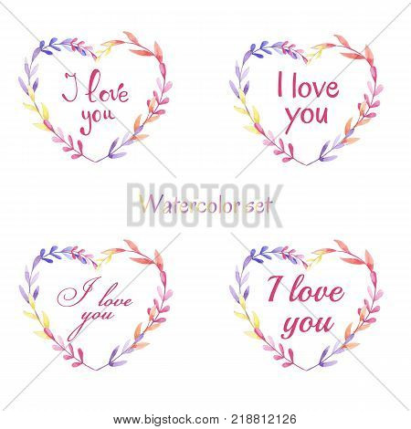 Hand drawn set with phras I love you. Vector watercolor set