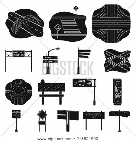 Road junctions and signs black icons in set collection for design.Pedestrian crossings and signs vector symbol stock illustration.