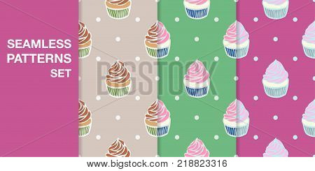 Seamless patterns. Set of colored seamless backgrounds with cupcakes for wallpapers and textile. Vector illustration.