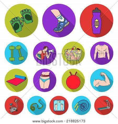 Fitness and attributes flat icons in set collection for design. Fitness equipment vector symbol stock  illustration.