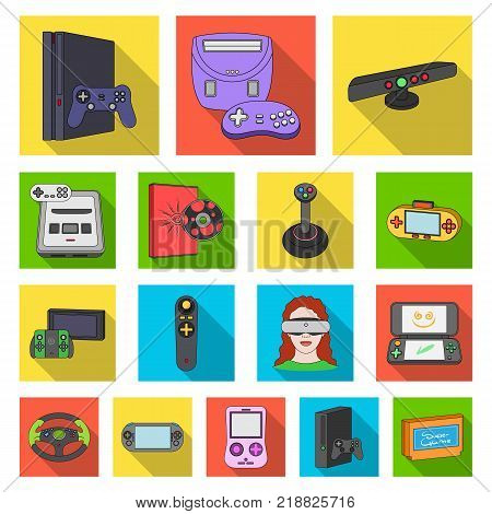 Game console and virtual reality flat icons in set collection for design.Game Gadgets vector symbol stock illustration.