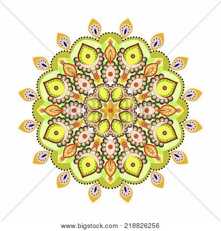 Flower Mandala. Outline flower decorative illustration in warm yellow tones. Hand drawn vector background. Vintage decorative elements